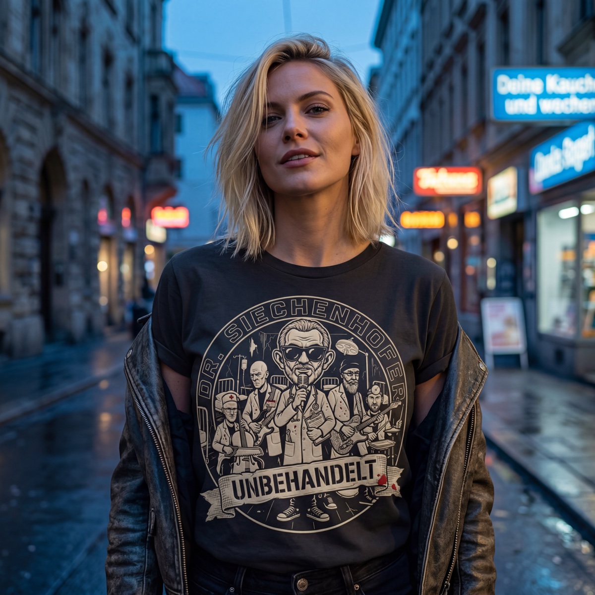 Erstaufnahme T-Shirt — Unbehandelt, urbaner Streetstyle bei Nacht
